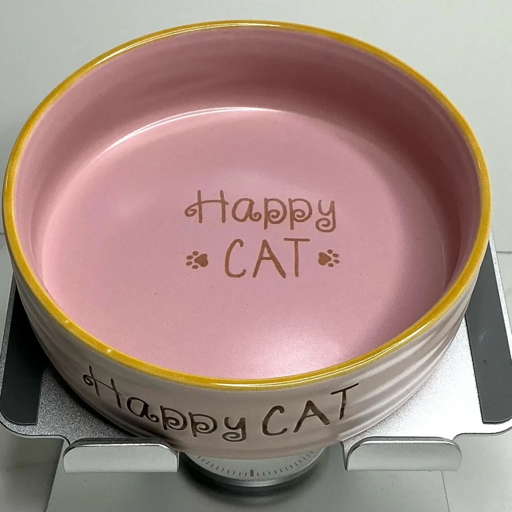 Spectrum Cat Bowl Ceramic Pink Pet Dish Food Water Happy Cat Pawprints 5.25